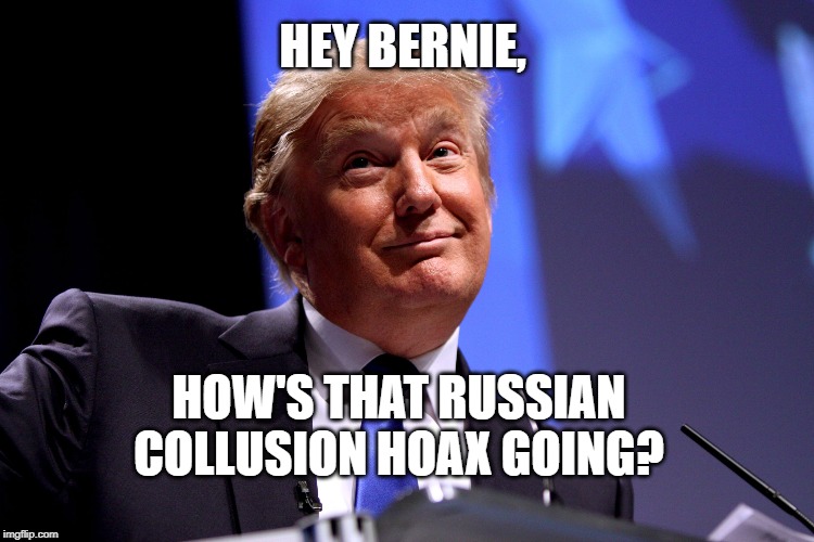 Donald Trump No2 | HEY BERNIE, HOW'S THAT RUSSIAN COLLUSION HOAX GOING? | image tagged in donald trump no2 | made w/ Imgflip meme maker