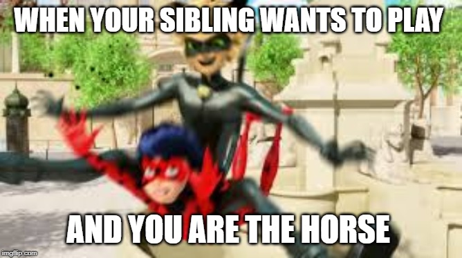 Cat noir jumping on ladybug | WHEN YOUR SIBLING WANTS TO PLAY; AND YOU ARE THE HORSE | image tagged in cat noir jumping on ladybug | made w/ Imgflip meme maker