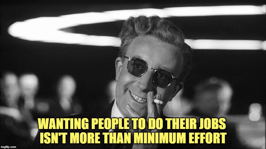 Doctor Strangelove says... | WANTING PEOPLE TO DO THEIR JOBS 
ISN'T MORE THAN MINIMUM EFFORT | image tagged in doctor strangelove says | made w/ Imgflip meme maker