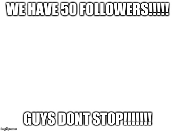 Blank White Template | WE HAVE 50 FOLLOWERS!!!!! GUYS DONT STOP!!!!!!! | image tagged in blank white template | made w/ Imgflip meme maker