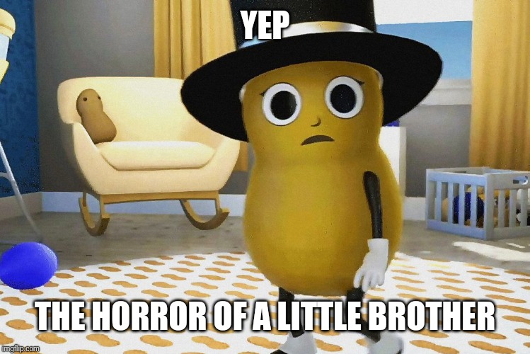 Shocked Baby Mr peanut | YEP THE HORROR OF A LITTLE BROTHER | image tagged in shocked baby mr peanut | made w/ Imgflip meme maker