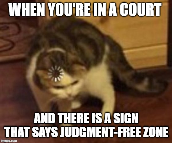 Loading cat | WHEN YOU'RE IN A COURT; AND THERE IS A SIGN THAT SAYS JUDGMENT-FREE ZONE | image tagged in loading cat | made w/ Imgflip meme maker