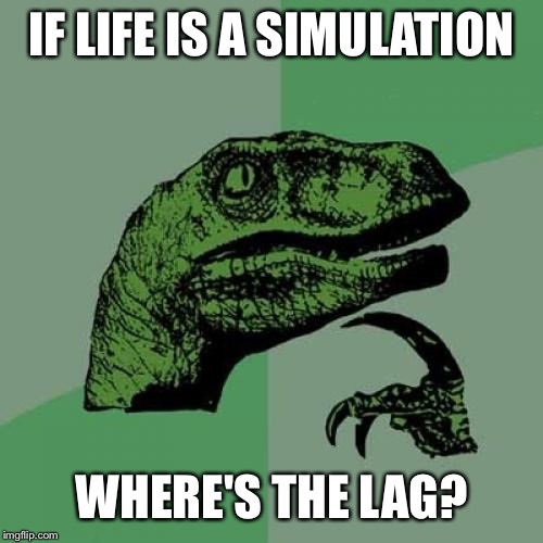Philosoraptor Meme | IF LIFE IS A SIMULATION; WHERE'S THE LAG? | image tagged in memes,philosoraptor | made w/ Imgflip meme maker