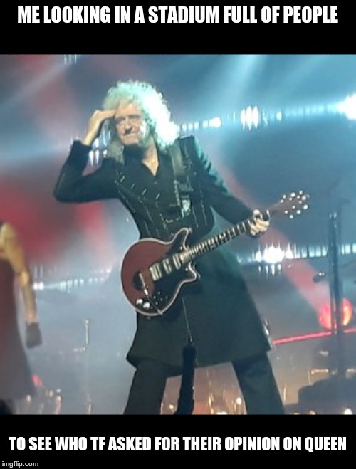 help me, please | ME LOOKING IN A STADIUM FULL OF PEOPLE; TO SEE WHO TF ASKED FOR THEIR OPINION ON QUEEN | image tagged in brian may looking into crowd,queen | made w/ Imgflip meme maker
