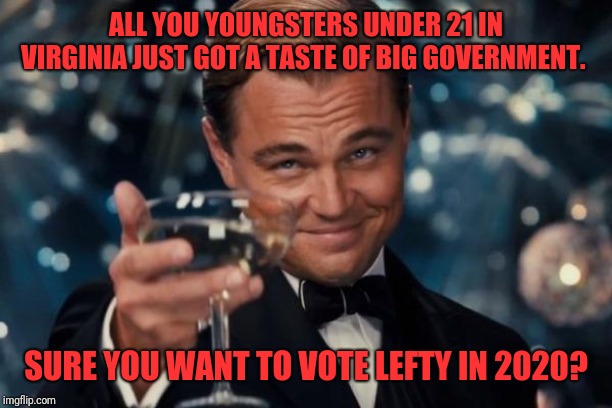 Leonardo Dicaprio Cheers | ALL YOU YOUNGSTERS UNDER 21 IN VIRGINIA JUST GOT A TASTE OF BIG GOVERNMENT. SURE YOU WANT TO VOTE LEFTY IN 2020? | image tagged in memes,leonardo dicaprio cheers | made w/ Imgflip meme maker