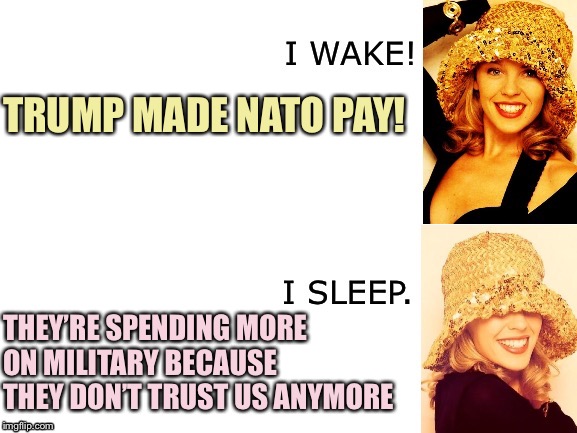 Alliances depend on trust, and allies do not respond well to bullying. NATO is no different. | TRUMP MADE NATO PAY! THEY’RE SPENDING MORE ON MILITARY BECAUSE THEY DON’T TRUST US ANYMORE | image tagged in kylie i wake/i sleep,military,nato,europe,germany,france | made w/ Imgflip meme maker
