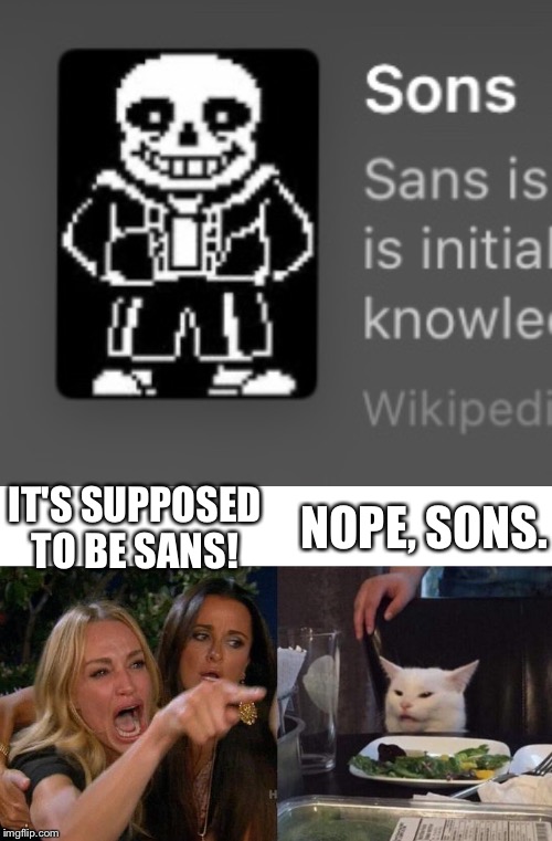 You had one job, Google, one job | NOPE, SONS. IT'S SUPPOSED TO BE SANS! | image tagged in memes,woman yelling at cat,typo,sans undertale,wikipedia,google search | made w/ Imgflip meme maker