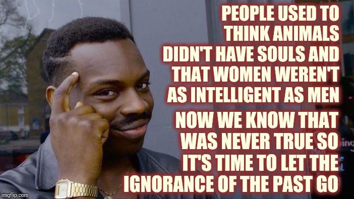 There's No Excuse For That Kind Of Ignorance | PEOPLE USED TO THINK ANIMALS DIDN'T HAVE SOULS AND THAT WOMEN WEREN'T AS INTELLIGENT AS MEN; NOW WE KNOW THAT WAS NEVER TRUE SO IT'S TIME TO LET THE IGNORANCE OF THE PAST GO | image tagged in memes,roll safe think about it,let it go,the future is now old man,flat earthers,ignorance | made w/ Imgflip meme maker