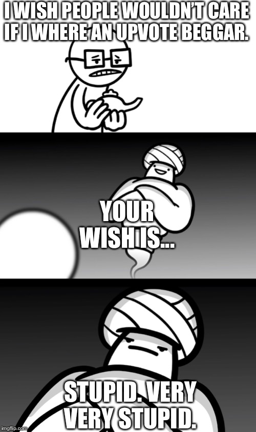 Your Wish is Stupid | I WISH PEOPLE WOULDN’T CARE IF I WHERE AN UPVOTE BEGGAR. YOUR WISH IS... STUPID. VERY VERY STUPID. | image tagged in your wish is stupid | made w/ Imgflip meme maker