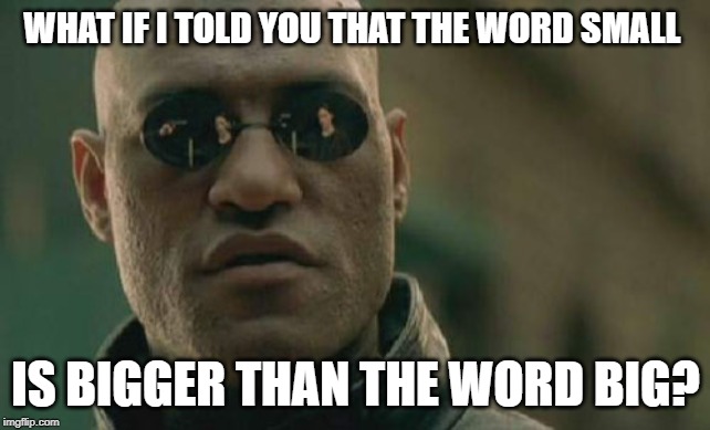 Matrix Morpheus Meme | WHAT IF I TOLD YOU THAT THE WORD SMALL; IS BIGGER THAN THE WORD BIG? | image tagged in memes,matrix morpheus | made w/ Imgflip meme maker