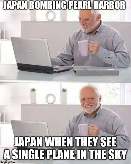 Hide the Pain Harold Meme | JAPAN BOMBING PEARL HARBOR; JAPAN WHEN THEY SEE A SINGLE PLANE IN THE SKY | image tagged in memes,hide the pain harold | made w/ Imgflip meme maker