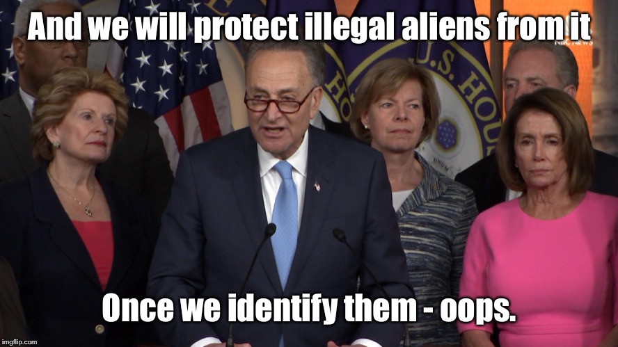 Democrat congressmen | And we will protect illegal aliens from it Once we identify them - oops. | image tagged in democrat congressmen | made w/ Imgflip meme maker