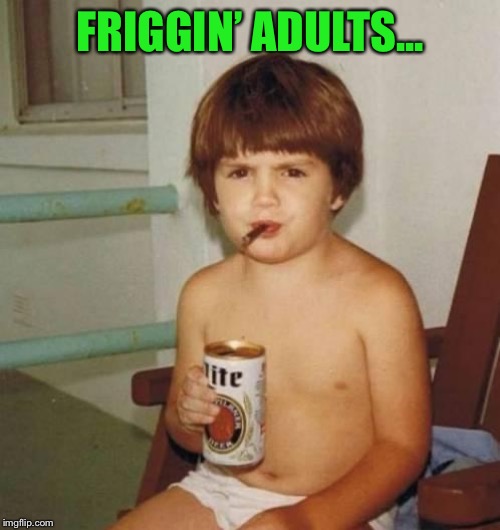 Kid with beer | FRIGGIN’ ADULTS... | image tagged in kid with beer | made w/ Imgflip meme maker