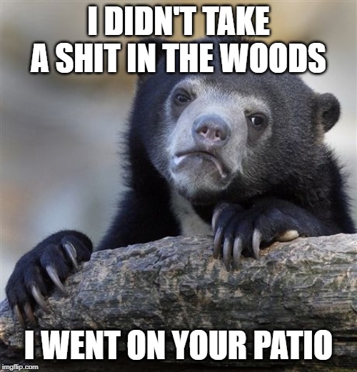 When We Encroach Nature... | I DIDN'T TAKE A SHIT IN THE WOODS; I WENT ON YOUR PATIO | image tagged in memes,confession bear | made w/ Imgflip meme maker