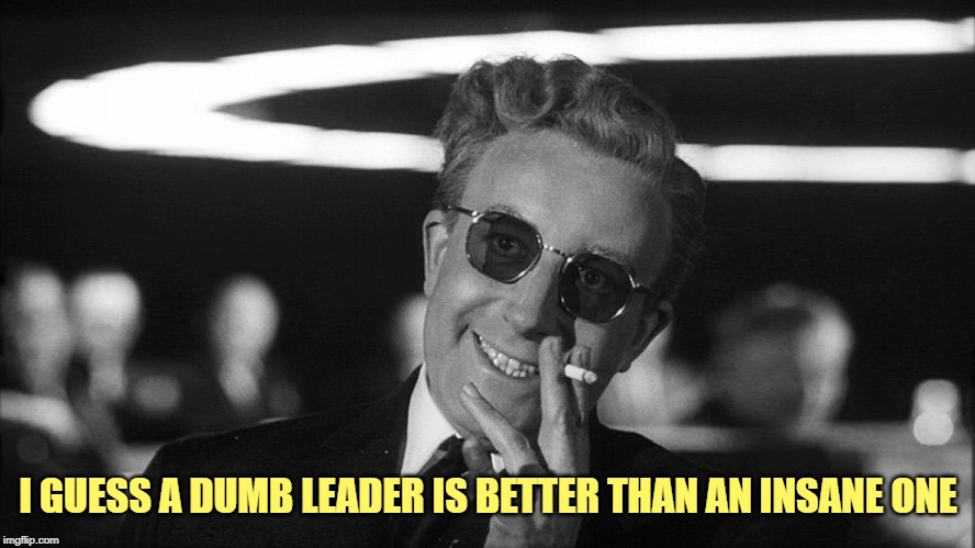 Doctor Strangelove says... | I GUESS A DUMB LEADER IS BETTER THAN AN INSANE ONE | image tagged in doctor strangelove says | made w/ Imgflip meme maker