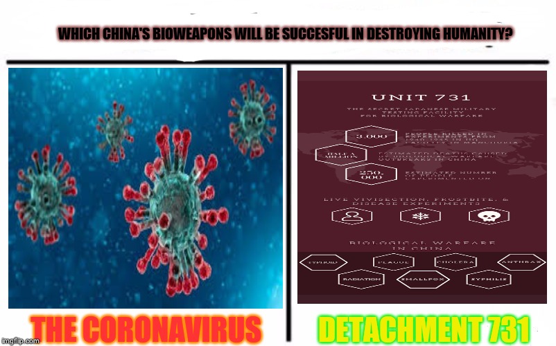 Who Would Win? | WHICH CHINA'S BIOWEAPONS WILL BE SUCCESFUL IN DESTROYING HUMANITY? THE CORONAVIRUS; DETACHMENT 731 | image tagged in memes,who would win | made w/ Imgflip meme maker