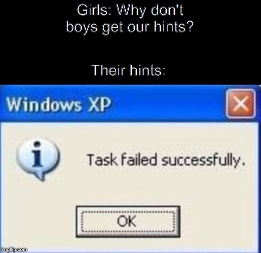 Task failed successfully | Girls: Why don't boys get our hints? Their hints: | image tagged in task failed successfully | made w/ Imgflip meme maker