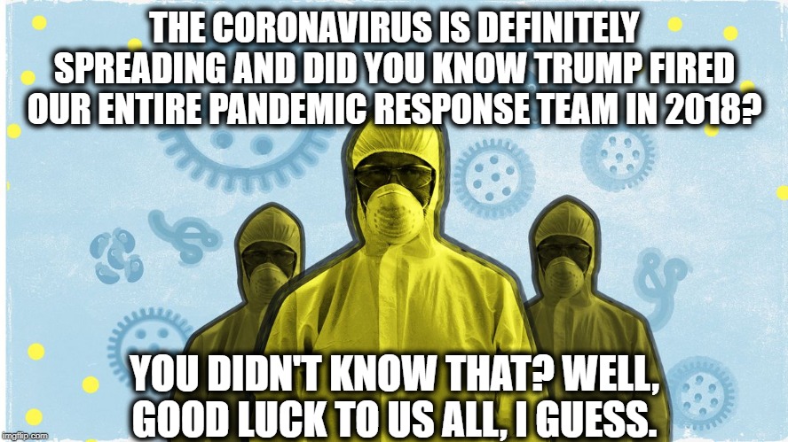 Thank You, Stable Genius, For Your Wise Decisions! | THE CORONAVIRUS IS DEFINITELY SPREADING AND DID YOU KNOW TRUMP FIRED OUR ENTIRE PANDEMIC RESPONSE TEAM IN 2018? YOU DIDN'T KNOW THAT? WELL, GOOD LUCK TO US ALL, I GUESS. | image tagged in donald trump,coronavirus,disease,death,lives lost,good luck | made w/ Imgflip meme maker