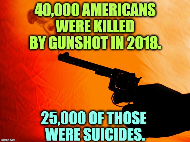 How does that square with protecting your family? Sounds more like destroying your family. | 40,000 AMERICANS WERE KILLED BY GUNSHOT IN 2018. 25,000 OF THOSE 
WERE SUICIDES. | image tagged in smoking gun,guns,second amendment,gun rights | made w/ Imgflip meme maker
