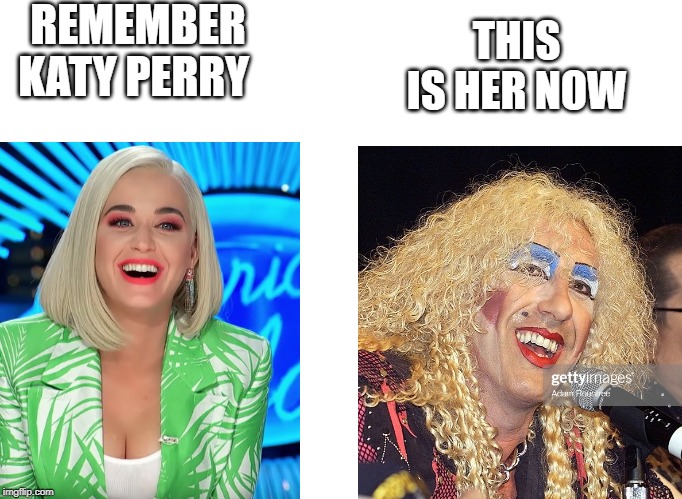 REMEMBER KATY PERRY; THIS IS HER NOW | image tagged in katy perry,twisted sister,help i've fallen and i can't get up | made w/ Imgflip meme maker