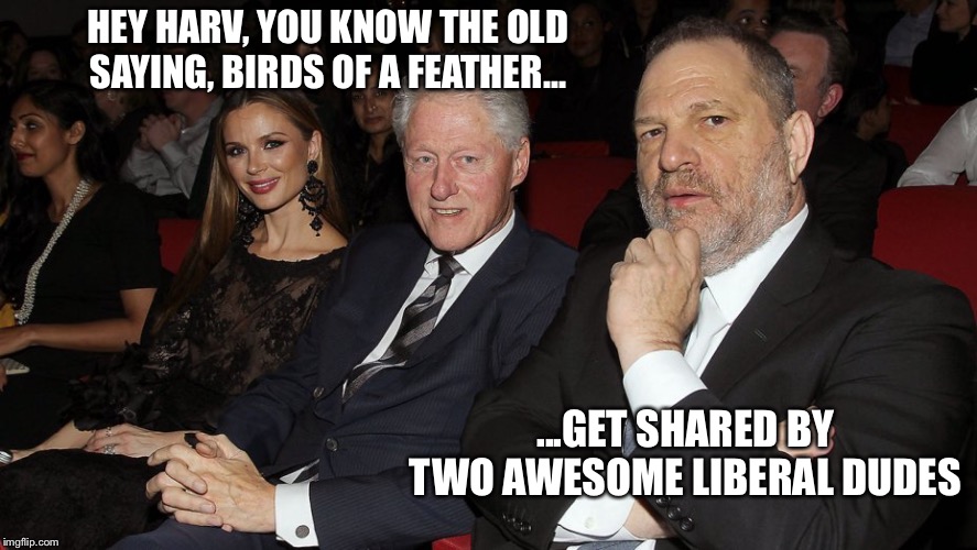 Weinstein enablers | HEY HARV, YOU KNOW THE OLD SAYING, BIRDS OF A FEATHER... ...GET SHARED BY TWO AWESOME LIBERAL DUDES | image tagged in bill clinton,harvey weinstein,political meme | made w/ Imgflip meme maker