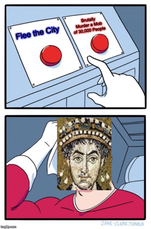 Two Buttons Meme | Brutally Murder a Mob of 30,000 People; Flee the City | image tagged in memes,two buttons | made w/ Imgflip meme maker