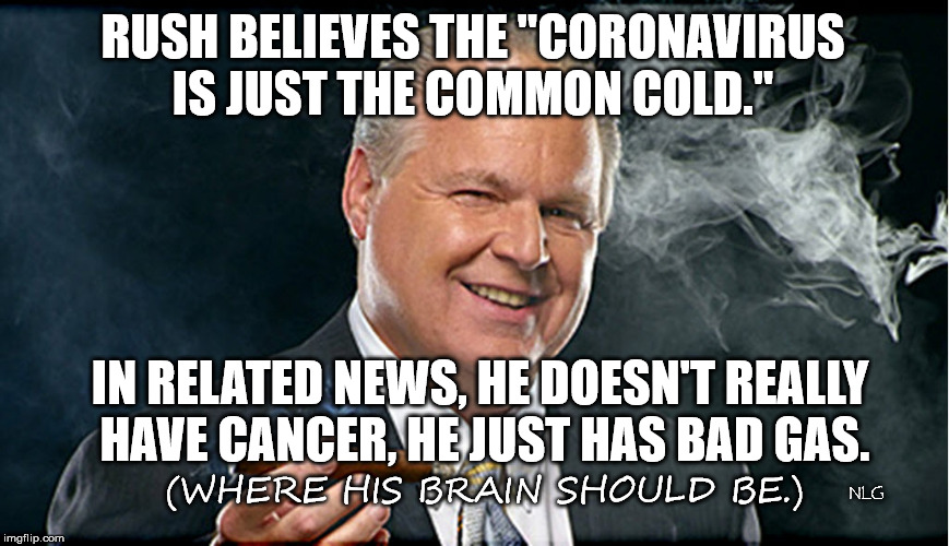 Rush has gas. | RUSH BELIEVES THE "CORONAVIRUS IS JUST THE COMMON COLD."; IN RELATED NEWS, HE DOESN'T REALLY 
HAVE CANCER, HE JUST HAS BAD GAS. (WHERE HIS BRAIN SHOULD BE.); NLG | image tagged in politics | made w/ Imgflip meme maker