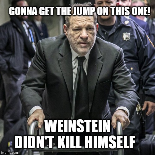 Epstein/Weinstein Whatever | GONNA GET THE JUMP ON THIS ONE! WEINSTEIN DIDN'T KILL HIMSELF | image tagged in harvey weinstein,weinstein,suicide,jeffrey epstein,me too,prison | made w/ Imgflip meme maker