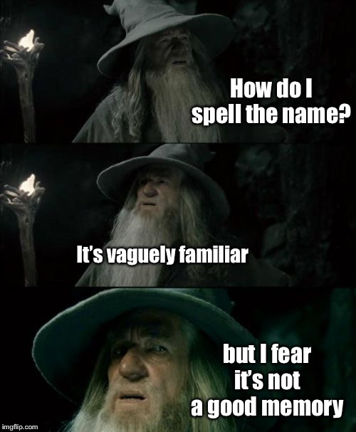 Confused Gandalf Meme | How do I spell the name? It’s vaguely familiar but I fear it’s not a good memory | image tagged in memes,confused gandalf | made w/ Imgflip meme maker