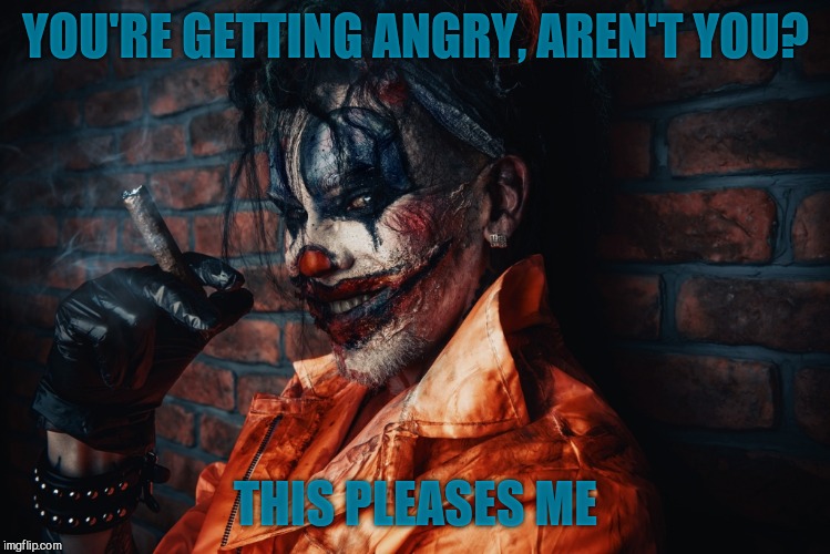 w | YOU'RE GETTING ANGRY, AREN'T YOU? THIS PLEASES ME | image tagged in evil bloodstained clown | made w/ Imgflip meme maker