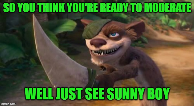 buck by kewlew | SO YOU THINK YOU'RE READY TO MODERATE; WELL JUST SEE SUNNY BOY | image tagged in buck by kewlew | made w/ Imgflip meme maker