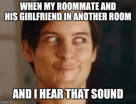 Spiderman Peter Parker Meme | WHEN MY ROOMMATE AND HIS GIRLFRIEND IN ANOTHER ROOM; AND I HEAR THAT SOUND | image tagged in memes,spiderman peter parker | made w/ Imgflip meme maker