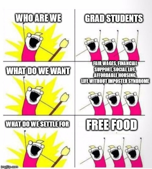 Who are we? Grad students! | WHO ARE WE; GRAD STUDENTS; FAIR WAGES, FINANCIAL SUPPORT, SOCIAL LIFE, AFFORDABLE HOUSING, LIFE WITHOUT IMPOSTER SYNDROME; WHAT DO WE WANT; WHAT DO WE SETTLE FOR; FREE FOOD | image tagged in who are we,grad students,students,student life | made w/ Imgflip meme maker