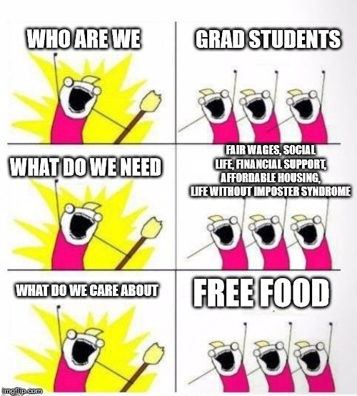 Who are we? Grad students | WHO ARE WE; GRAD STUDENTS; FAIR WAGES, SOCIAL LIFE, FINANCIAL SUPPORT, AFFORDABLE HOUSING, LIFE WITHOUT IMPOSTER SYNDROME; WHAT DO WE NEED; WHAT DO WE CARE ABOUT; FREE FOOD | image tagged in who are we,grad school,student,student life,grad student | made w/ Imgflip meme maker