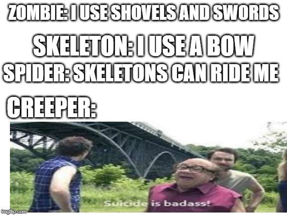 Blank White Template | ZOMBIE: I USE SHOVELS AND SWORDS; SKELETON: I USE A BOW; SPIDER: SKELETONS CAN RIDE ME; CREEPER: | image tagged in blank white template | made w/ Imgflip meme maker