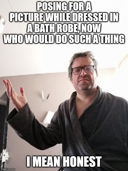 Guess the meme | POSING FOR A PICTURE WHILE DRESSED IN A BATH ROBE, NOW WHO WOULD DO SUCH A THING; I MEAN HONEST | image tagged in jeroen broks,memes,guess the meme,try it,do you know your memes | made w/ Imgflip meme maker