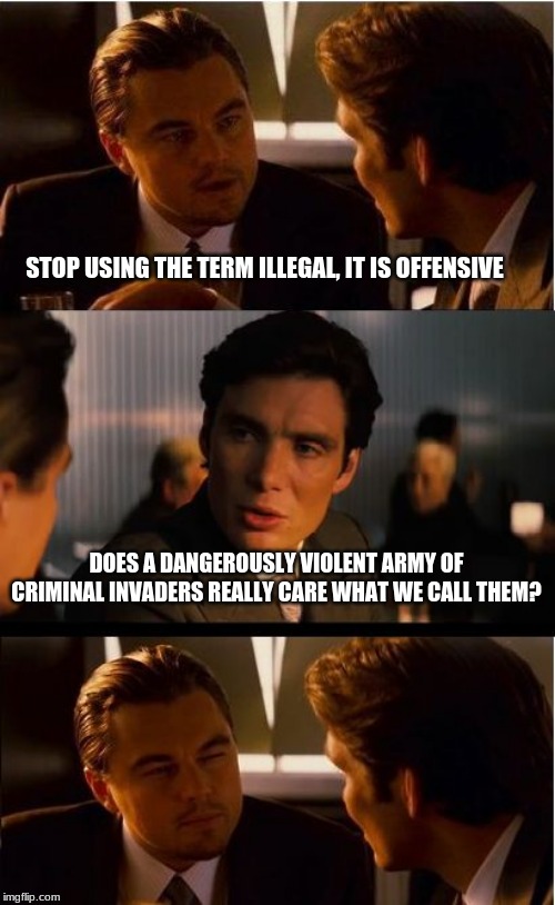 I heard your opinion and choose to ignore your weakness. | STOP USING THE TERM ILLEGAL, IT IS OFFENSIVE; DOES A DANGEROUSLY VIOLENT ARMY OF CRIMINAL INVADERS REALLY CARE WHAT WE CALL THEM? | image tagged in memes,inception,illegals,build the wall,deportation or jail,sue sanctuary cities | made w/ Imgflip meme maker