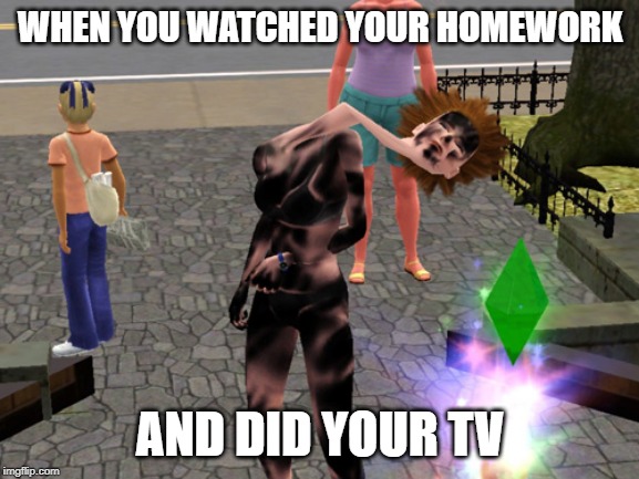 The Sims 3 Glitch | WHEN YOU WATCHED YOUR HOMEWORK; AND DID YOUR TV | image tagged in the sims 3 glitch | made w/ Imgflip meme maker