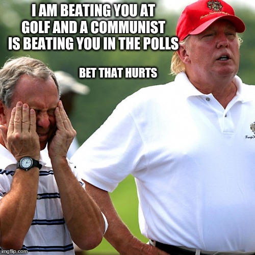 Ouch | I AM BEATING YOU AT GOLF AND A COMMUNIST IS BEATING YOU IN THE POLLS; BET THAT HURTS | image tagged in trump bloomberg,ouch,so true,little mike,tyrants of ny | made w/ Imgflip meme maker