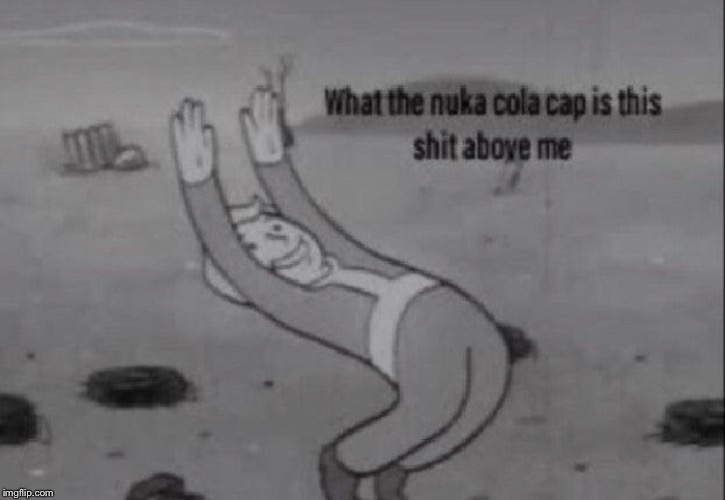 fallout what in the nuka cola cap is this above me | image tagged in fallout what in the nuka cola cap is this above me | made w/ Imgflip meme maker