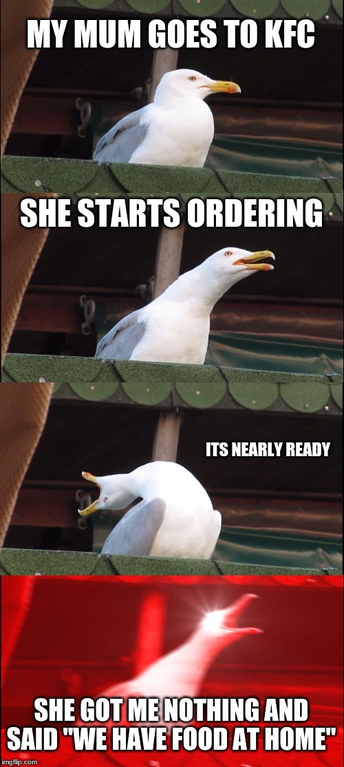 Inhaling Seagull | MY MUM GOES TO KFC; SHE STARTS ORDERING; ITS NEARLY READY; SHE GOT ME NOTHING AND SAID "WE HAVE FOOD AT HOME" | image tagged in memes,inhaling seagull | made w/ Imgflip meme maker