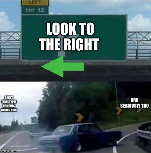 Car turning  | LOOK TO THE RIGHT; AREN’T THESE TYPES OF MEMES BORING NOW; BRO SERIOUSLY THO | image tagged in car turning | made w/ Imgflip meme maker