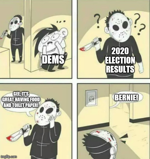 We all know how this is gonna end. | 2020 ELECTION RESULTS; DEMS; GEE, IT'S GREAT HAVING FOOD AND TOILET PAPER! BERNIE! | image tagged in hiding from serial killer,democrats,bernie,memes | made w/ Imgflip meme maker