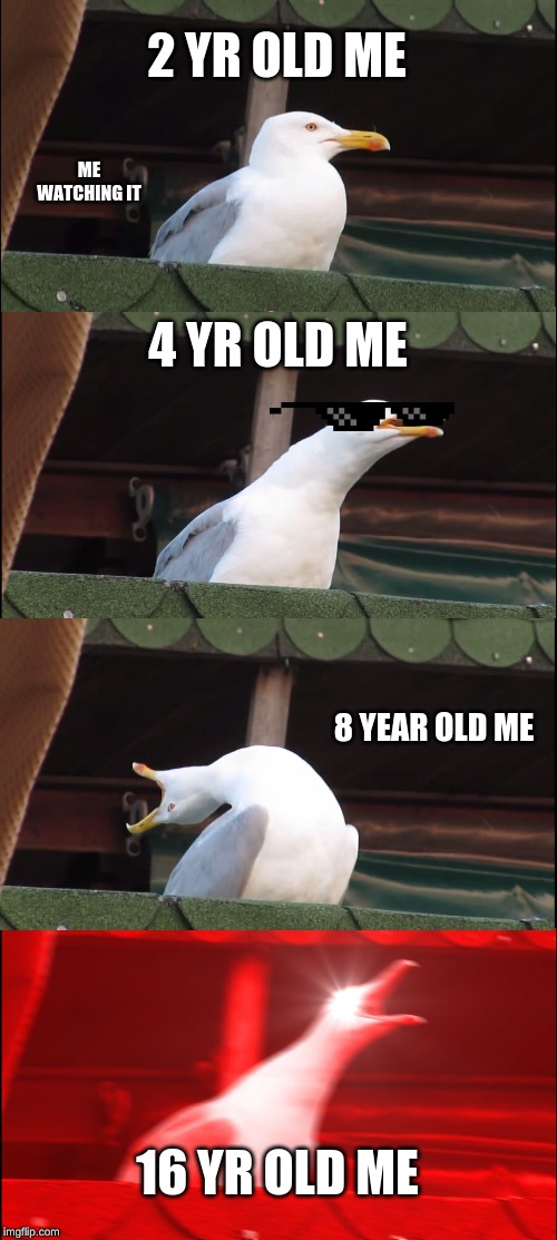Lol | 2 YR OLD ME; ME WATCHING IT; 4 YR OLD ME; 8 YEAR OLD ME; 16 YR OLD ME | image tagged in memes,inhaling seagull | made w/ Imgflip meme maker