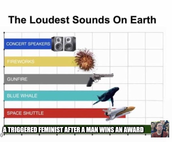 The Loudest Sounds on Earth | A TRIGGERED FEMINIST AFTER A MAN WINS AN AWARD | image tagged in the loudest sounds on earth | made w/ Imgflip meme maker