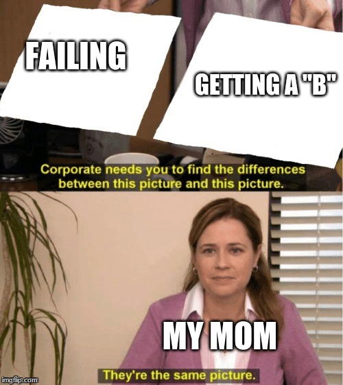 They're The Same Picture | FAILING; GETTING A "B"; MY MOM | image tagged in office same picture | made w/ Imgflip meme maker