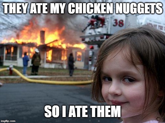 Disaster Girl | THEY ATE MY CHICKEN NUGGETS; SO I ATE THEM | image tagged in memes,disaster girl | made w/ Imgflip meme maker