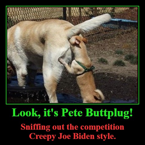 Look, it's Pete Buttplug! | image tagged in funny,demotivationals,creepy joe biden,pete buttigieg,gay guy,perverts | made w/ Imgflip demotivational maker
