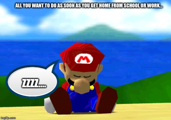 Tired from School/work Mario meme | ALL YOU WANT TO DO AS SOON AS YOU GET HOME FROM SCHOOL OR WORK... ZZZZ.... | image tagged in super mario 64,sleeping,mario | made w/ Imgflip meme maker