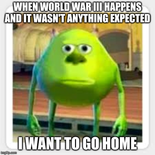 world war III | WHEN WORLD WAR III HAPPENS AND IT WASN'T ANYTHING EXPECTED; I WANT TO GO HOME | image tagged in mike wazowski,world war iii | made w/ Imgflip meme maker